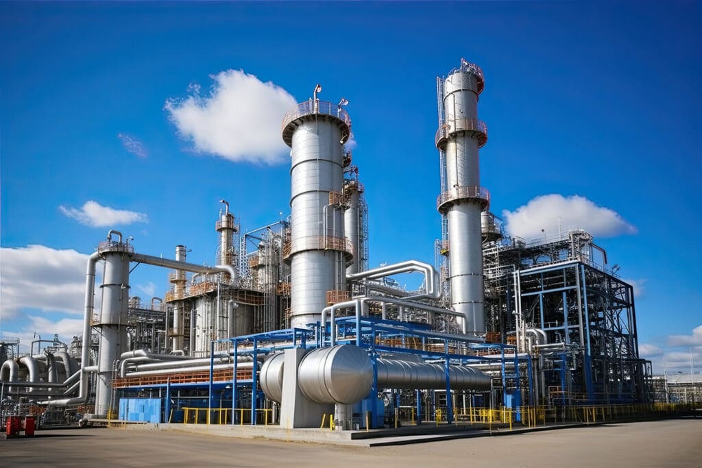 Industrial petrochemical facility showing large reactors, distillation columns, and interconnected piping