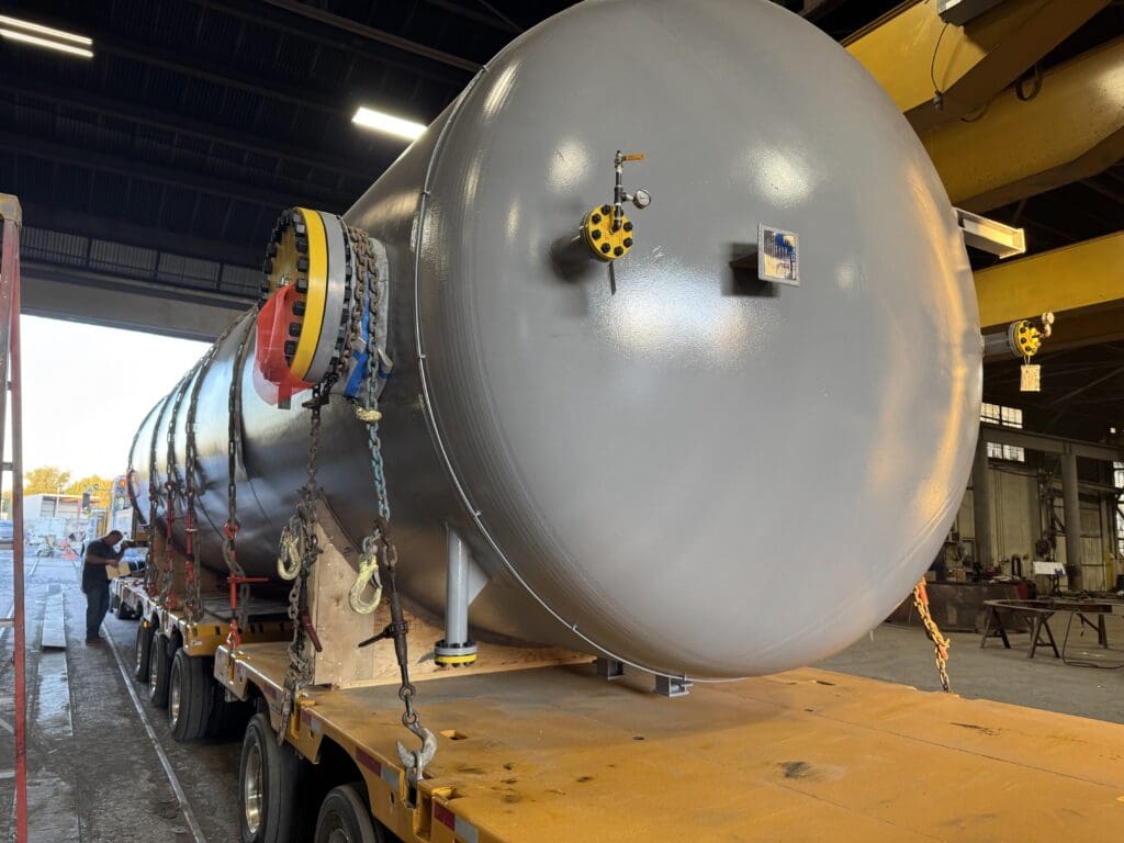 A pressure vessel on a transport vehicle.